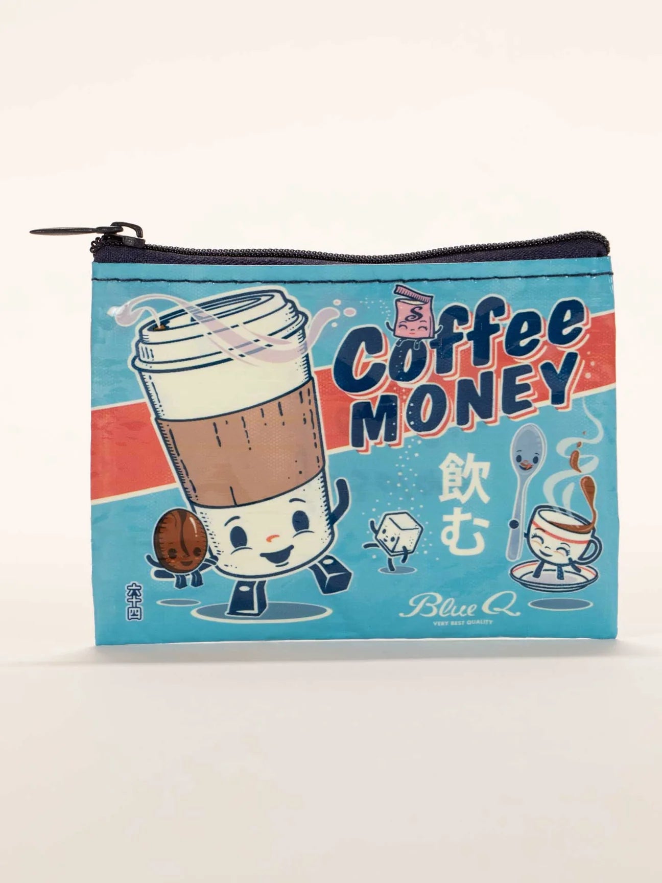 Coin pouch by Blue Q with coffee-themed cartoon characters and “coffee money” lettering against a light blue backdrop.