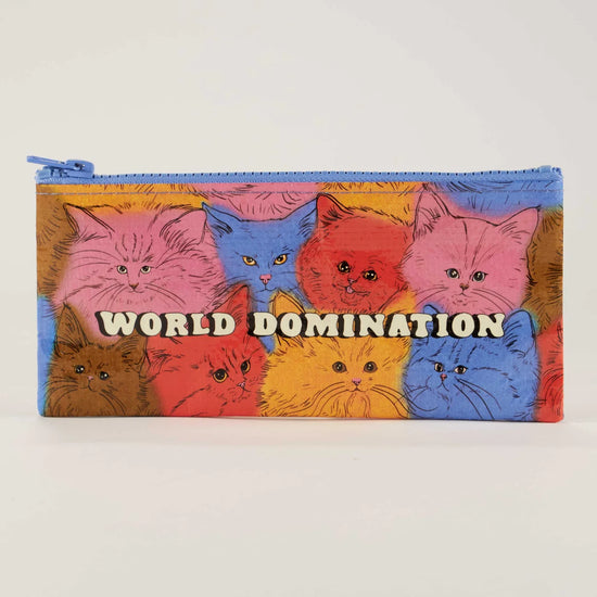 Pencil case from Blue Q featuring colorful cat faces and the phrase "world domination."
