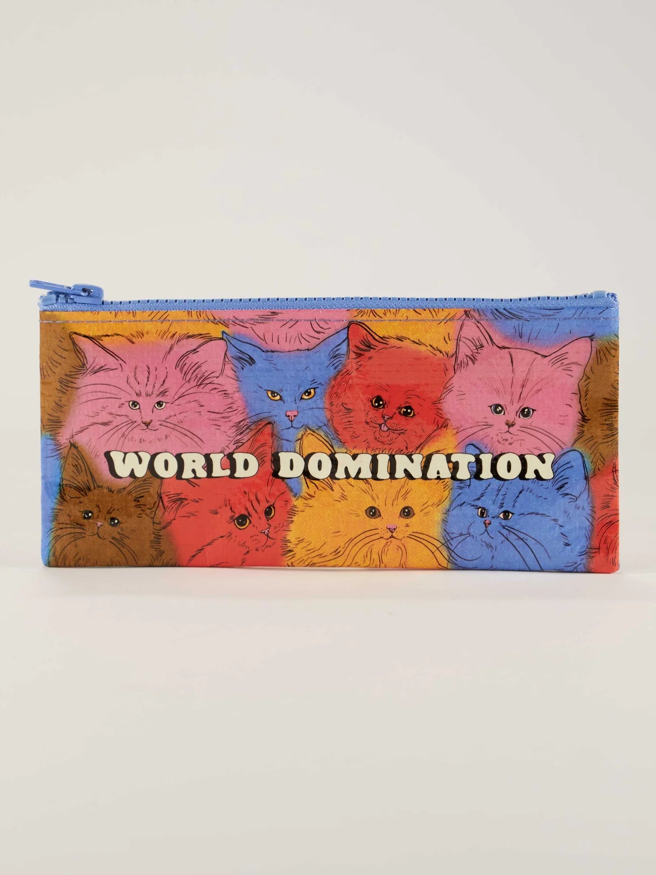 Pencil case from Blue Q featuring colorful cat faces and the phrase "world domination."
