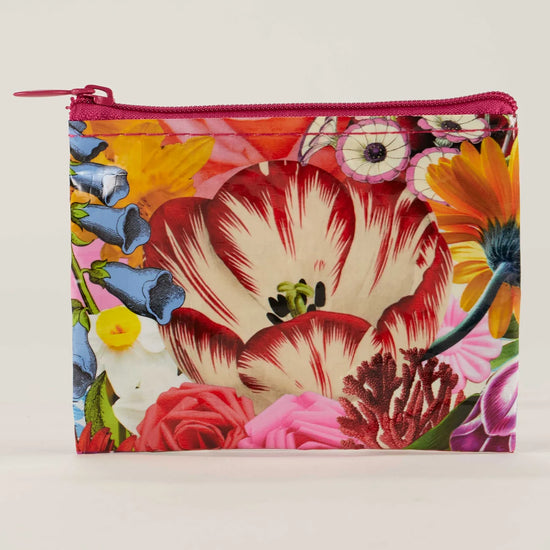 Coin pouch by Blue Q with a busy floral pattern.