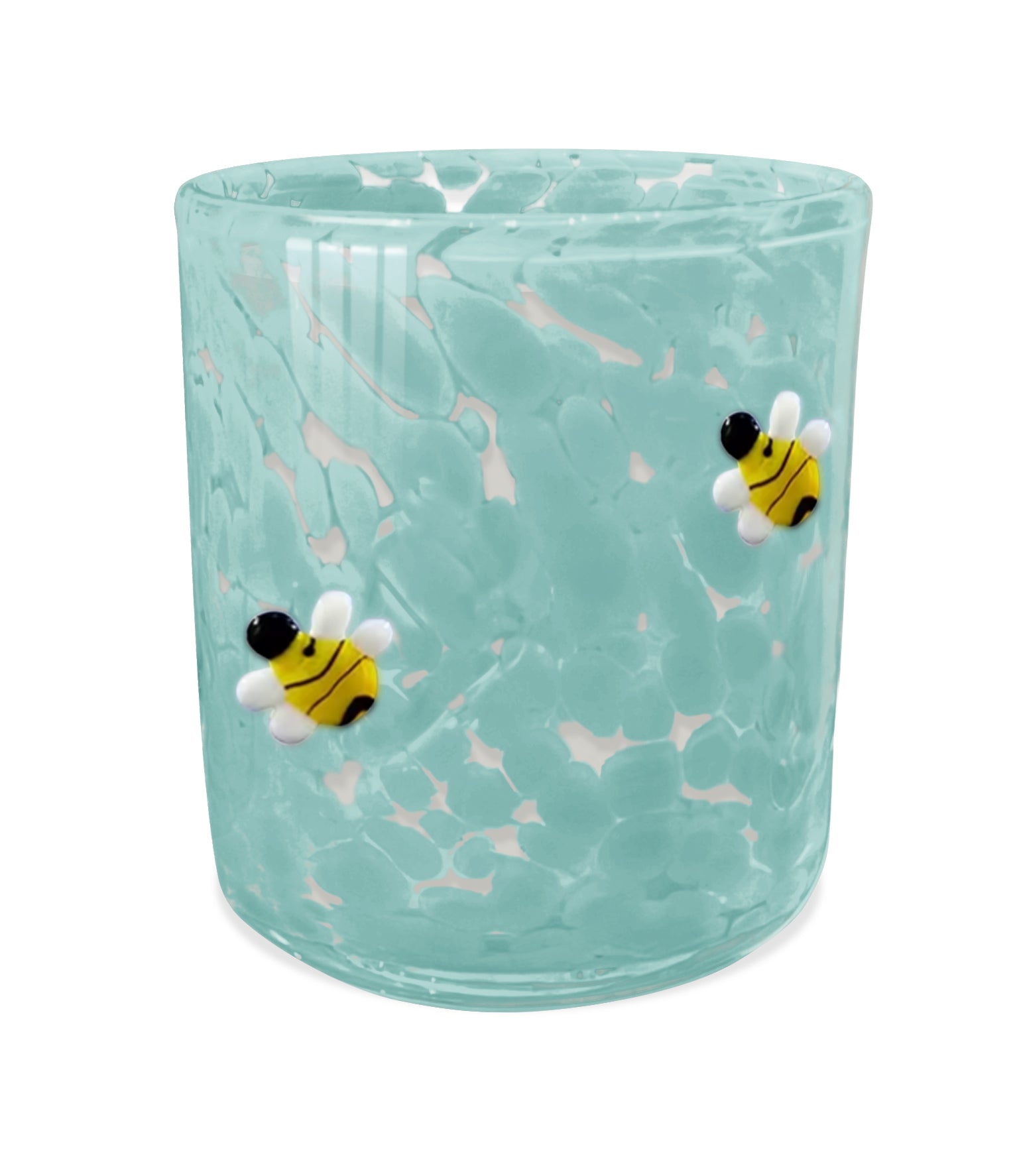 Teal candle holder by Icon, decorated with textured glass and small bee appliques.