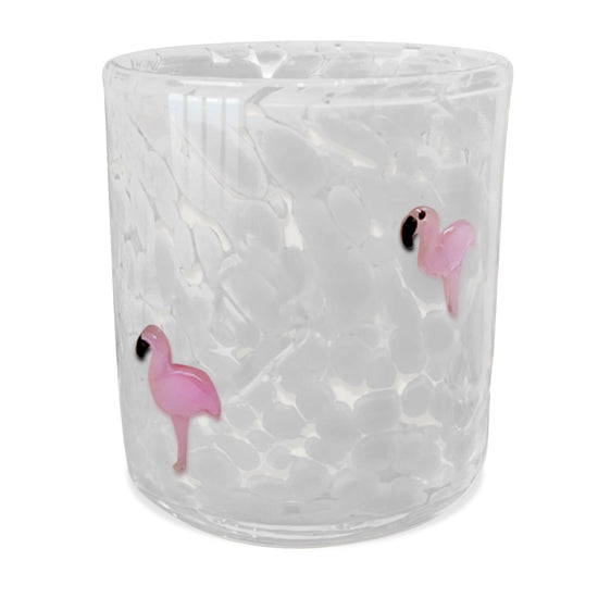 White glass candle by Creative Brands featuring a speckled pattern and pink flamingo accents.