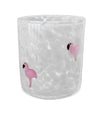 White glass candle by Creative Brands featuring a speckled pattern and pink flamingo accents.