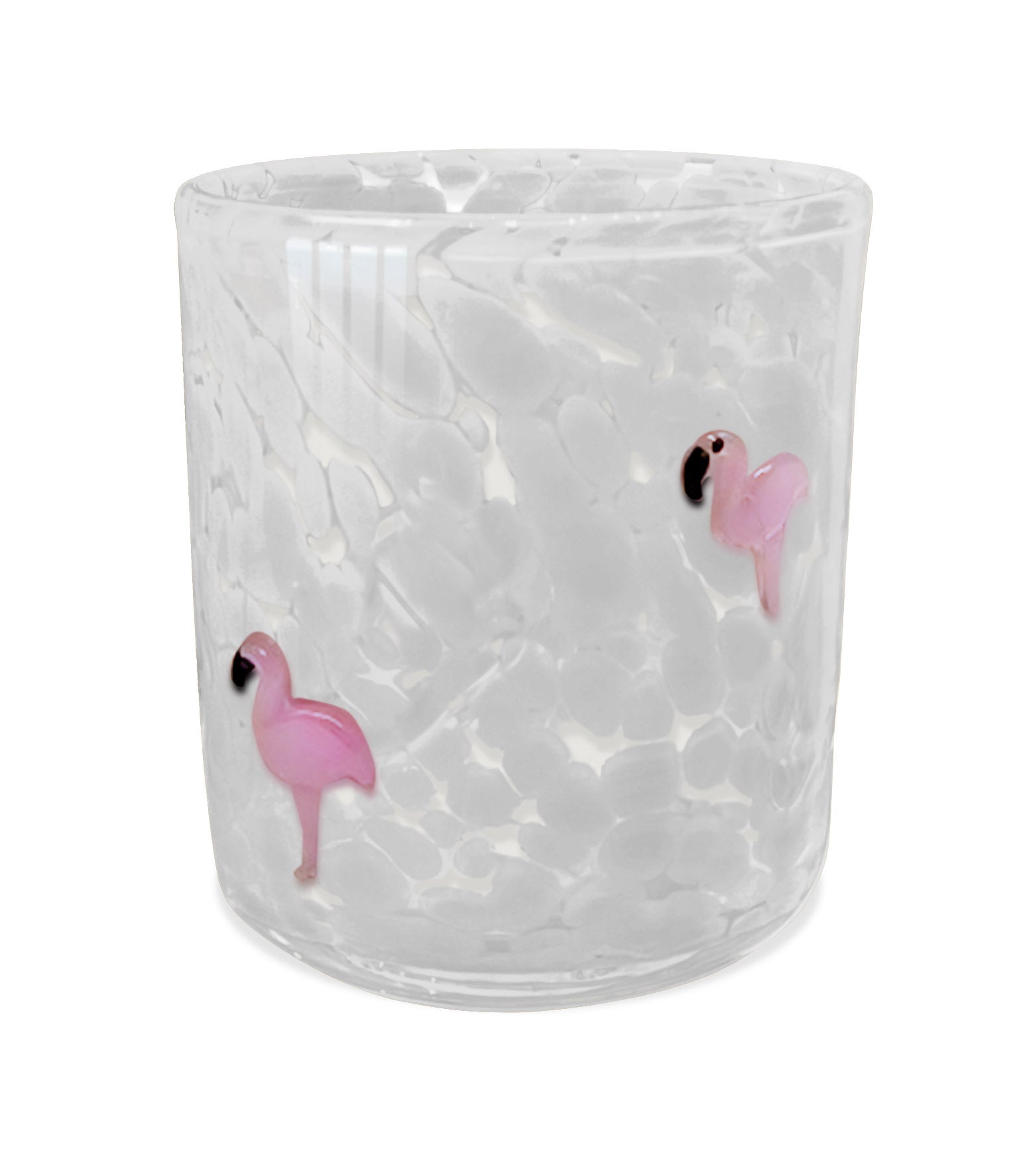 White glass candle by Creative Brands featuring a speckled pattern and pink flamingo accents.