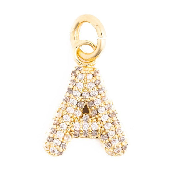 Gold letter "A" charm by Courtney with pavé stone embellishments.