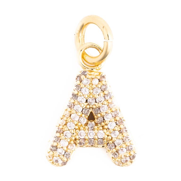 Gold letter "A" charm by Courtney with pavé stone embellishments.