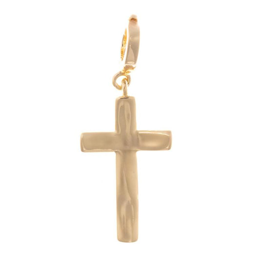 Gold cross charm for jewelry making with a hoop connector.