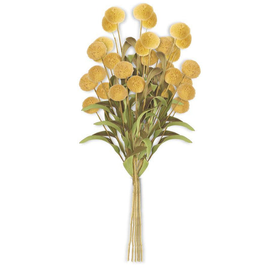 Yellow pompom pick bundle by Melrose featuring green leaves and tied tan stems.