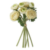 White ranunculus bundle by Nearly Natural featuring tied stems and decorative leaves.