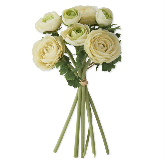 White ranunculus bundle by Nearly Natural featuring tied stems and decorative leaves.