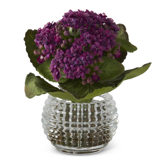 Purple kalanchoe in pressed vase by Nearly Natural, displayed in a clear textured pot with faux soil.