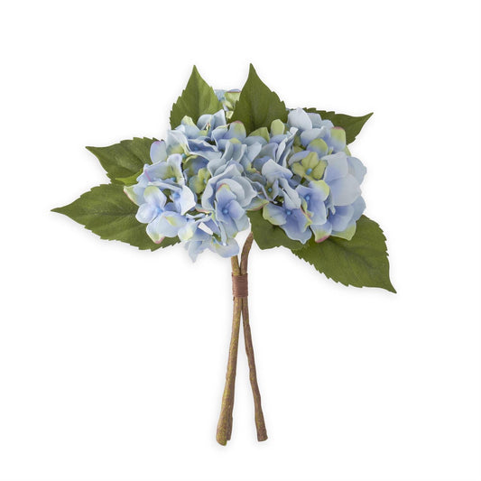 Blue hydrangea bundle from Nearly Natural with green leaves and brown stems.