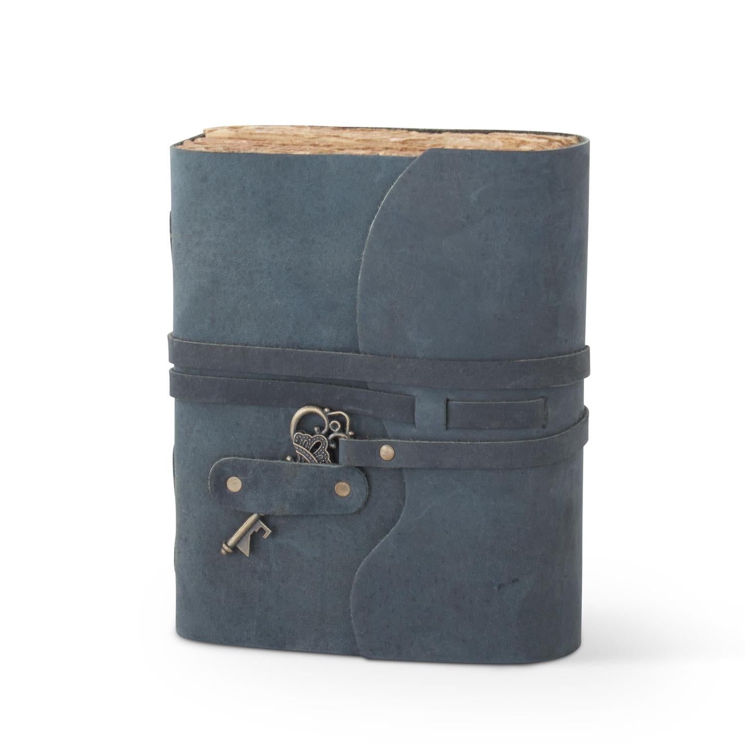 Blue leather-bound notebook with a key charm on a white background