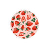 Round beverage coasters with strawberry pattern by Margaret Jeane on a pink background.