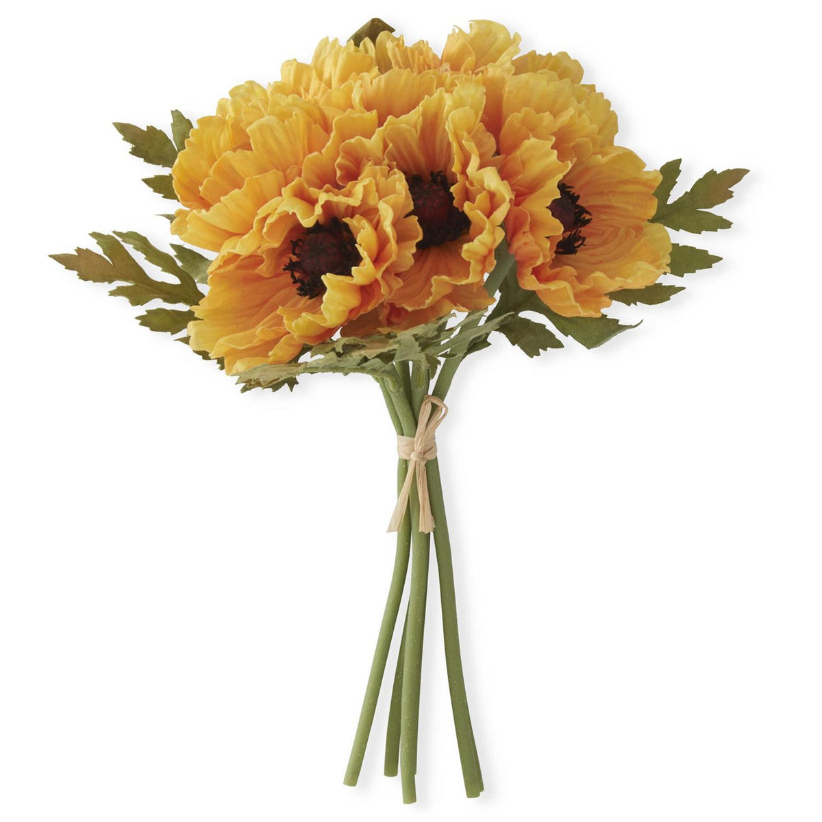 Yellow poppy bundle by Nearly Natural, featuring green stems tied with a light brown string.