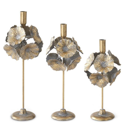 Gold speckled taper holder by StyleCraft, featuring decorative gold and silver flower details.