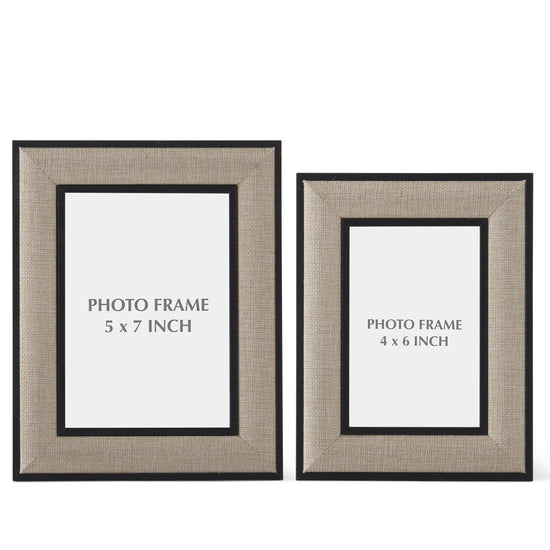 Photo frames with linen border and black trim by Mikasa, showing a textured weave design.