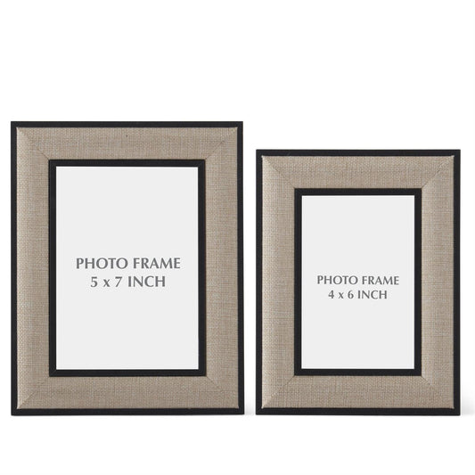 Photo frames with linen border and black trim by Mikasa, showing a textured weave design.
