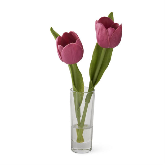 Faux purple tulip in glass vase by Silk Blooms, partially filled with water.