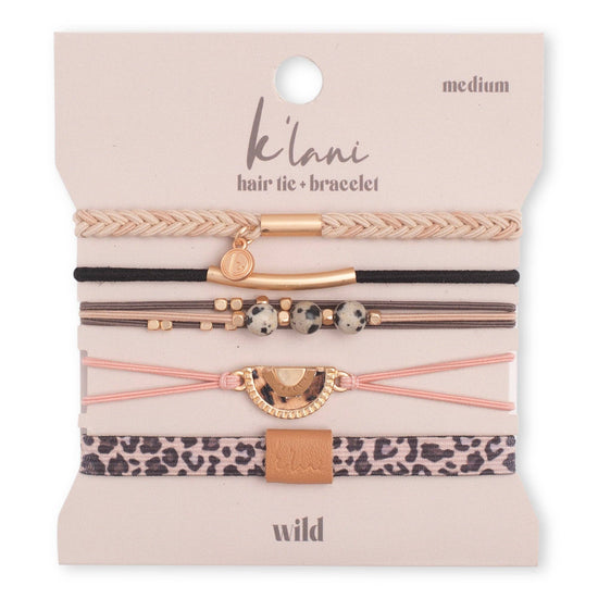 Assorted hair tie bracelets by K'Lani, featuring tan and black bands with beaded, braided, and animal print accents.