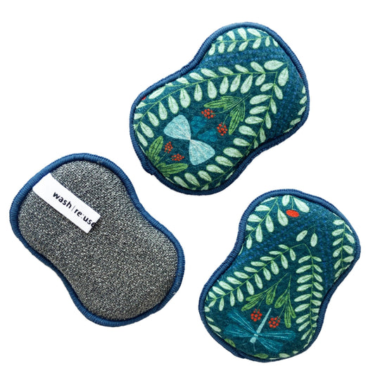 Set of three reusable sponges by RJW Iridescent, one gray and two with a teal foliage pattern and blue trim.
