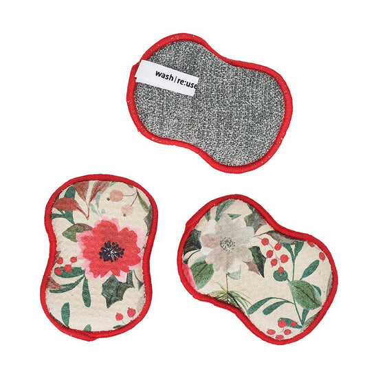 Set of three reusable sponges - flora from Roomie - with floral patterns and red trim.