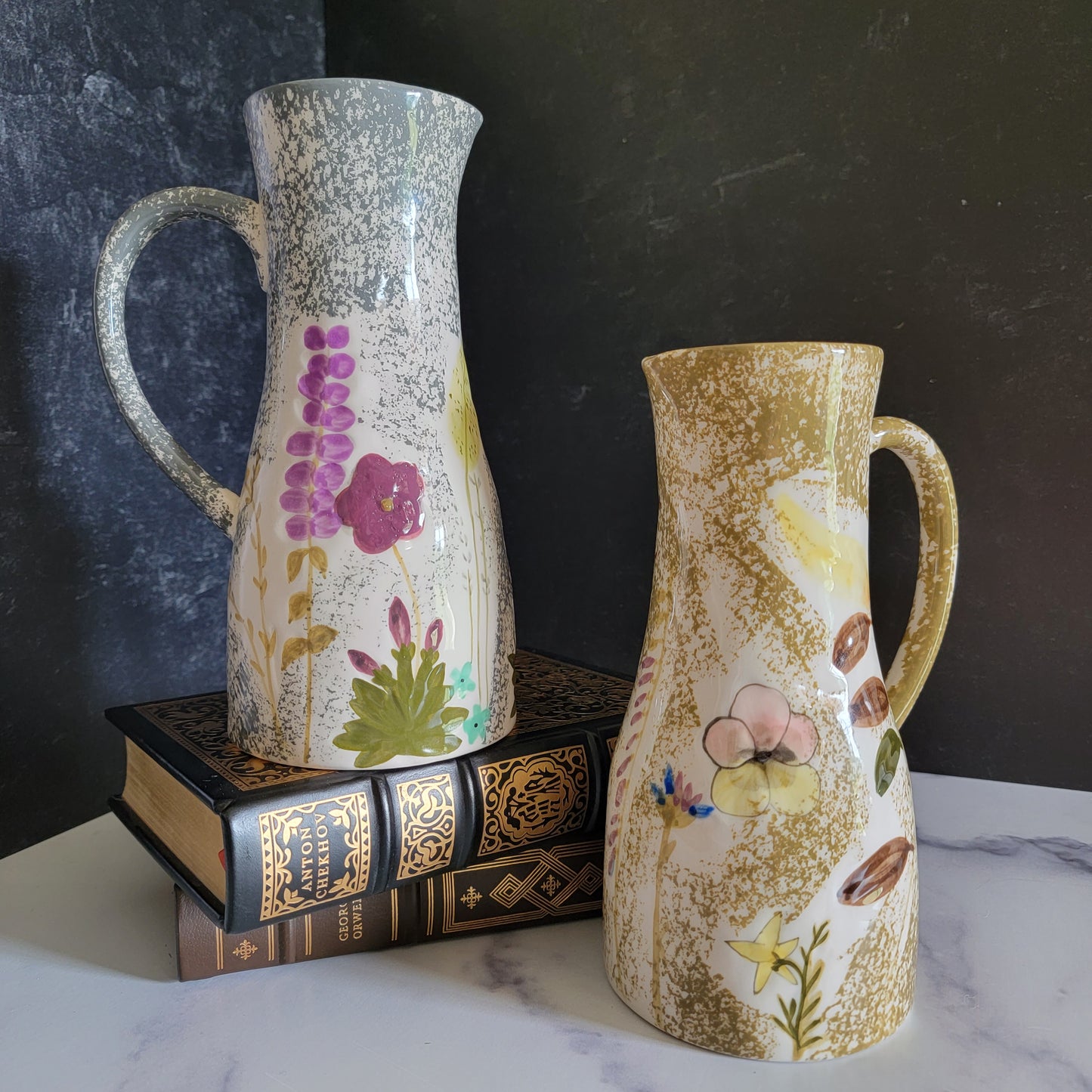 Hand Painted Stoneware Floral Pitcher (36 oz)