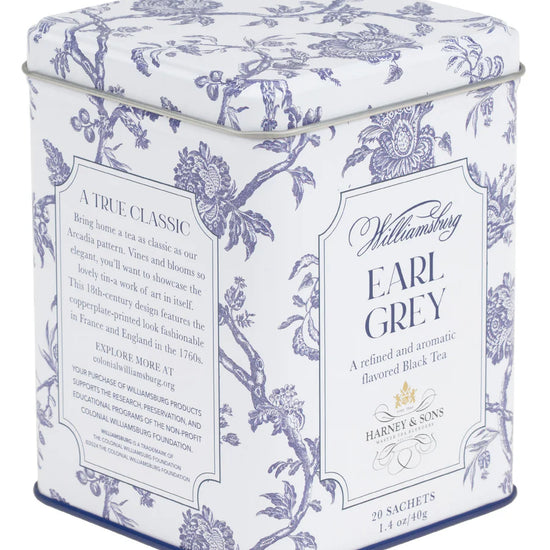 Earl Grey tea tin by Harney & Sons featuring a blue and white floral toile design.