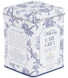 Earl Grey tea tin by Harney & Sons featuring a blue and white floral toile design.