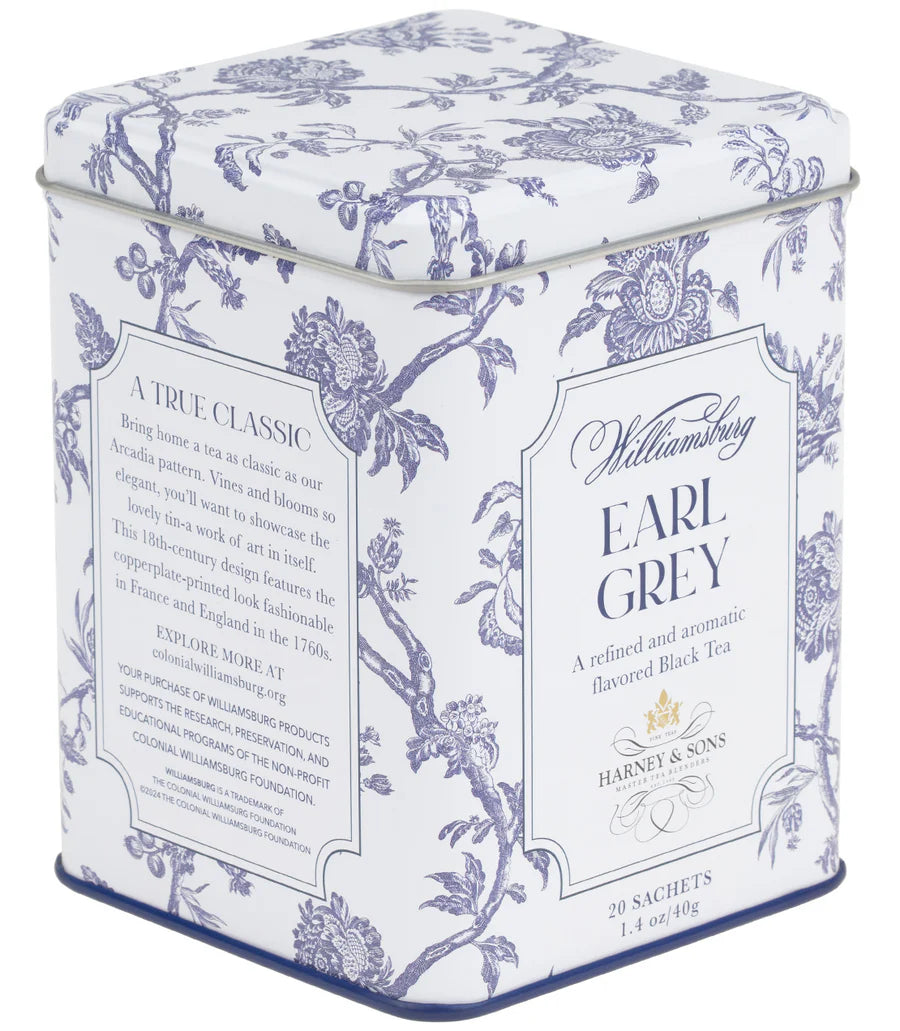 Earl Grey tea tin by Harney & Sons featuring a blue and white floral toile design.