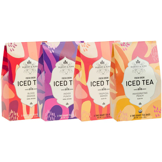 Four packages of Harney & Sons iced tea with colorful designs on a white background