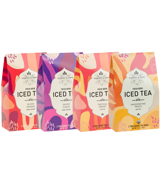 Four packages of Harney & Sons iced tea with colorful designs on a white background