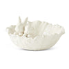 White dolomite cabbage bowl with rabbits by Abbott, featuring a glossy finish and leaf-like texture.