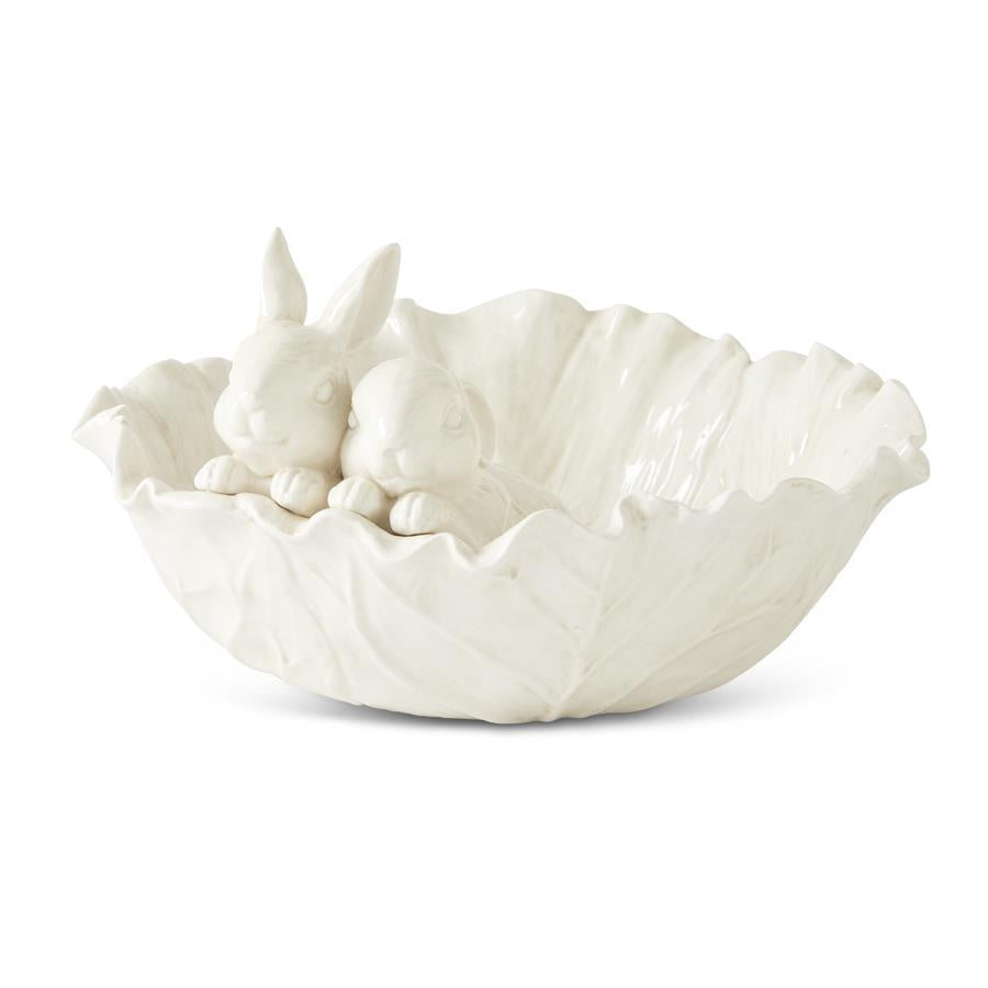 White dolomite cabbage bowl with rabbits by Abbott, featuring a glossy finish and leaf-like texture.