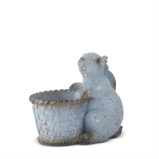 Blue terracotta bunny with basket, featuring a textured basket weave pattern.