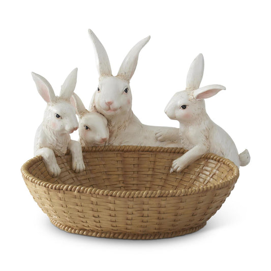 Resin basket with bunny family by StyleCraft featuring a woven texture and decorative rabbit figurines.