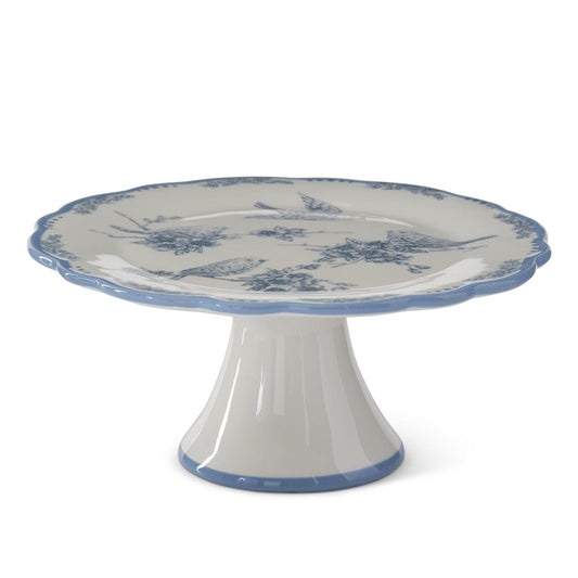 Blue and white bird cake stand with floral design.