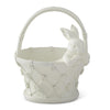 Resin bunny in basket home décor with bunny figurine by Place setting, with flower details.
