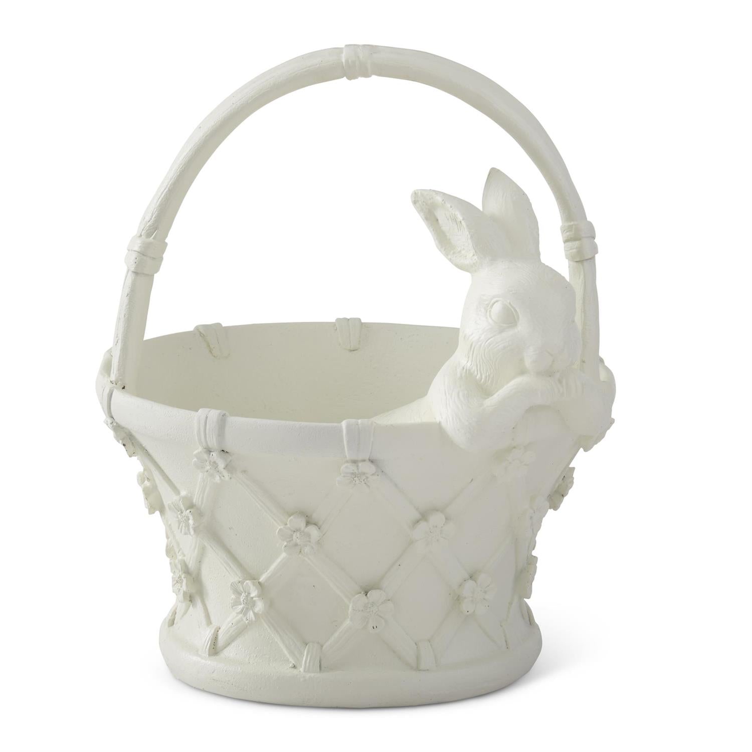 Resin bunny in basket home décor with bunny figurine by Place setting, with flower details.
