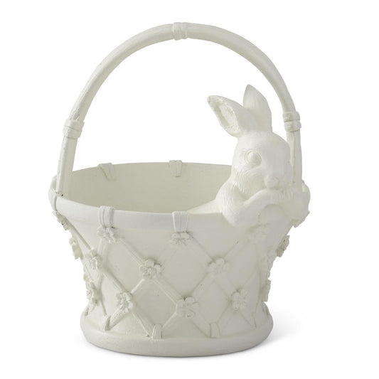 Resin bunny in basket home décor with bunny figurine by Place setting, with flower details.
