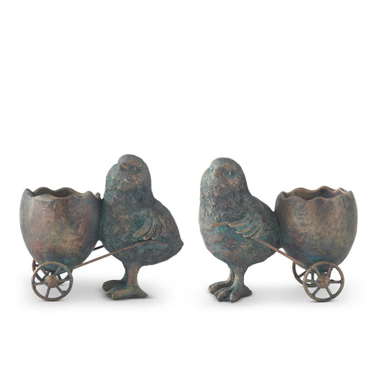 Resin chicks with egg carts, from Transpac, featuring antique bronze-tone finish and intricate feather detailing.
