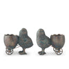 Resin chicks with egg carts, from Transpac, featuring antique bronze-tone finish and intricate feather detailing.