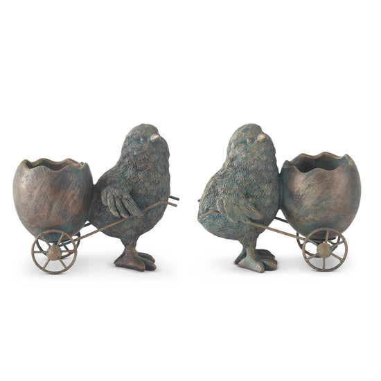 Resin chick planters with egg carts by Gerson, featuring bronze and blue-green coloring.
