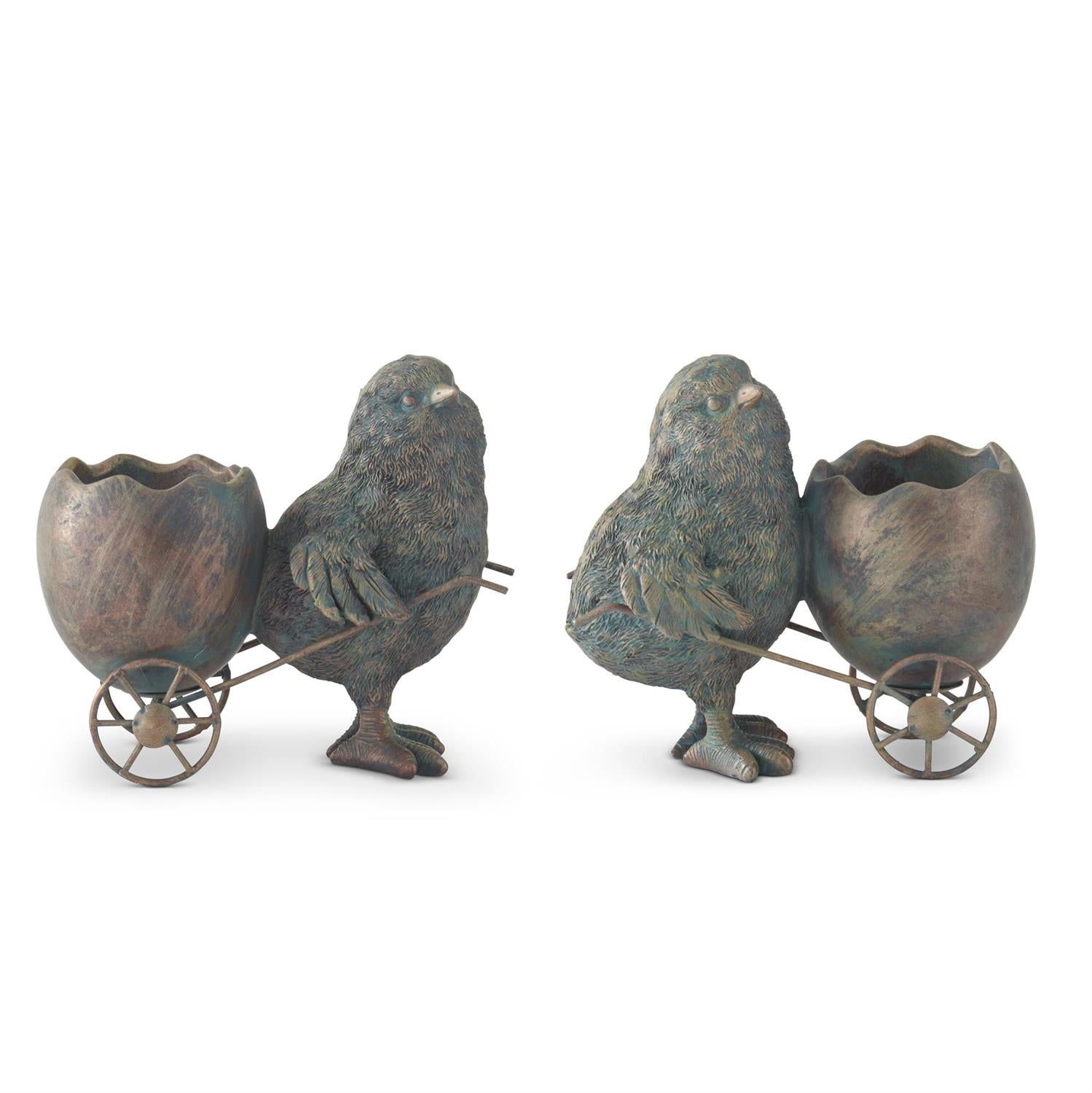 Resin chick planters with egg carts by Gerson, featuring bronze and blue-green coloring.