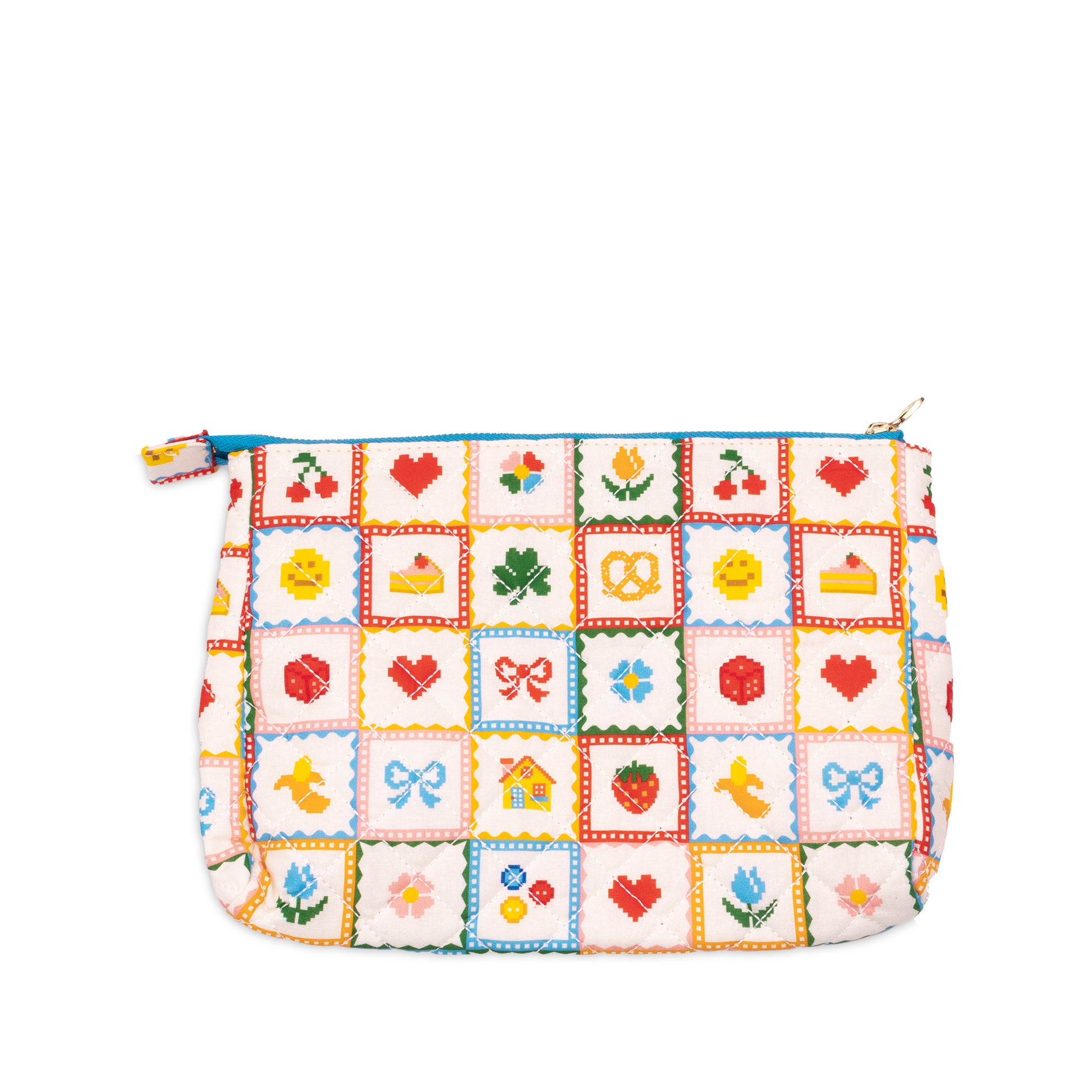 Quilted pouch by Baggu with an embroidered patchwork fruit, floral and food pattern.