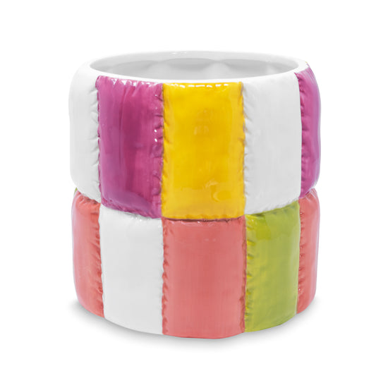 Color block ceramic planter with a quilted pattern, featuring purple, yellow, white, and green blocks.