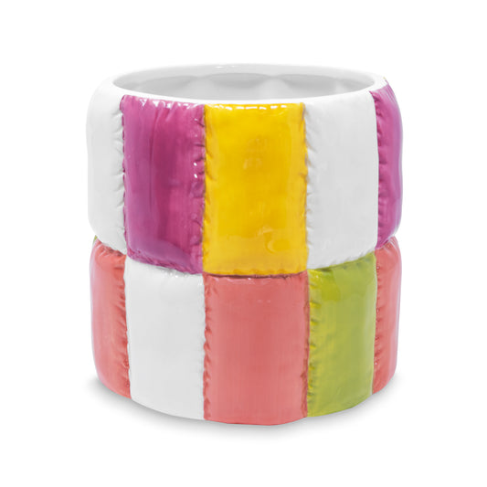 Color block ceramic planter with a quilted pattern, featuring purple, yellow, white, and green blocks.