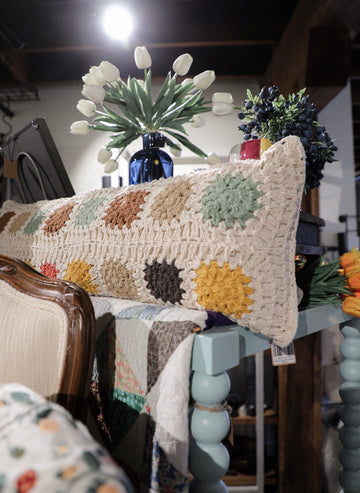 Cotton Crocheted Granny Square Lumbar Pillow