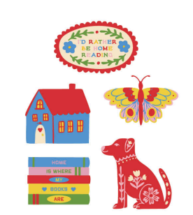 Stationery sticker set with a house, dog, butterfly, books, and "I'd rather be home reading" oval design.
