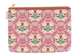 Quilted pouch with a floral tile pattern in red, pink, and green.